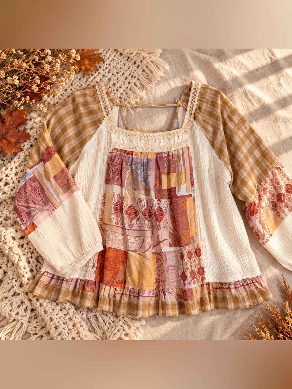 New POL Clothing Wanderlust Woven Dream Boho Patchwork Top Small